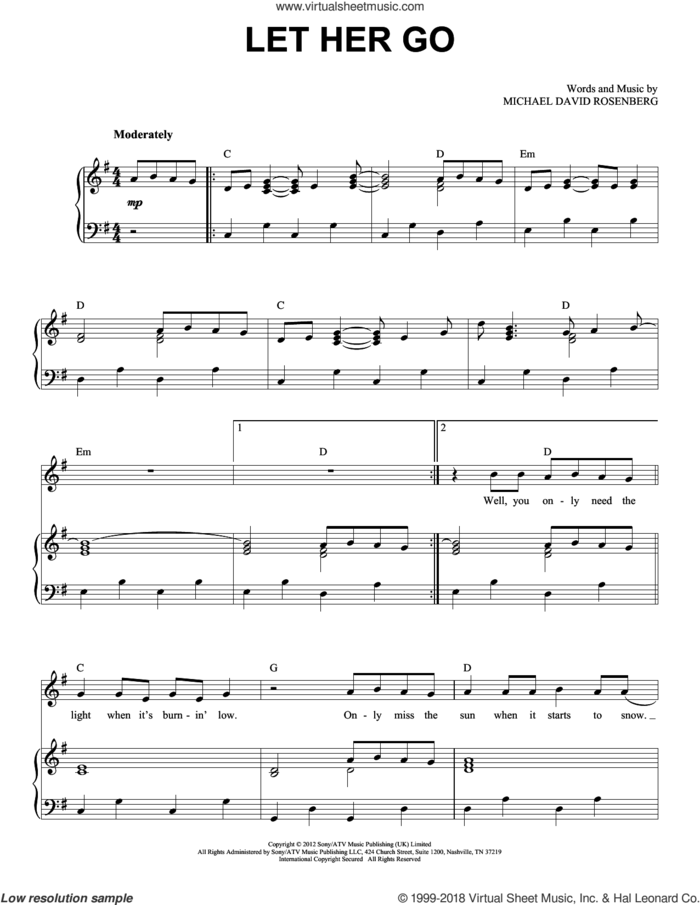 Let Her Go sheet music for voice and piano by Passenger and Michael David Rosenberg, intermediate skill level