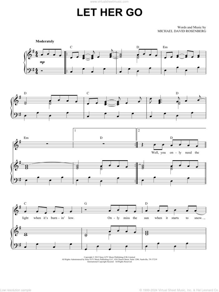 Let Her Go sheet music for voice and piano by Passenger and Michael David Rosenberg, intermediate skill level