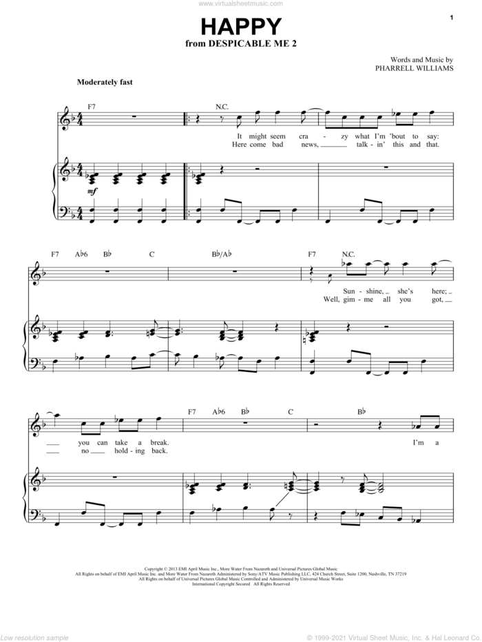 Happy sheet music for voice and piano by Pharrell and Pharrell Williams, intermediate skill level