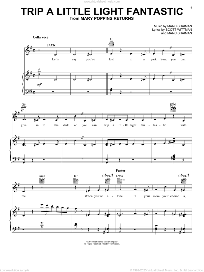 Trip A Little Light Fantastic (from Mary Poppins Returns) sheet music for voice, piano or guitar by Lin-Manuel Miranda, Marc Shaiman and Scott Wittman, intermediate skill level