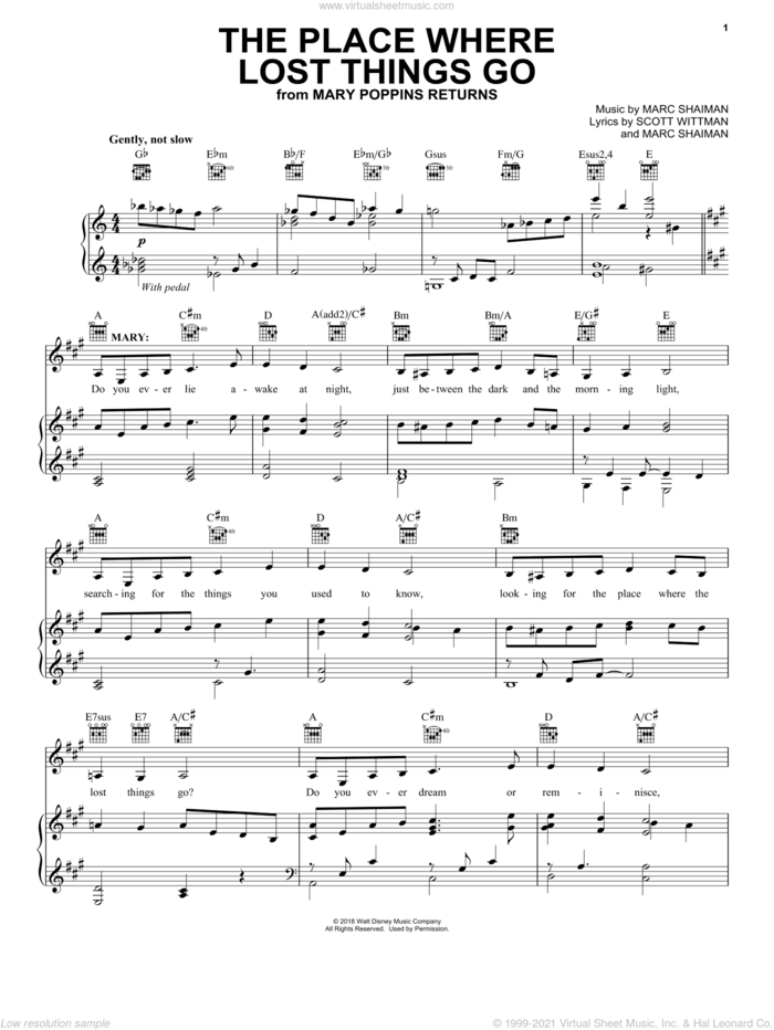 The Place Where Lost Things Go (from Mary Poppins Returns) sheet music for voice, piano or guitar by Emily Blunt, Marc Shaiman and Scott Wittman, intermediate skill level