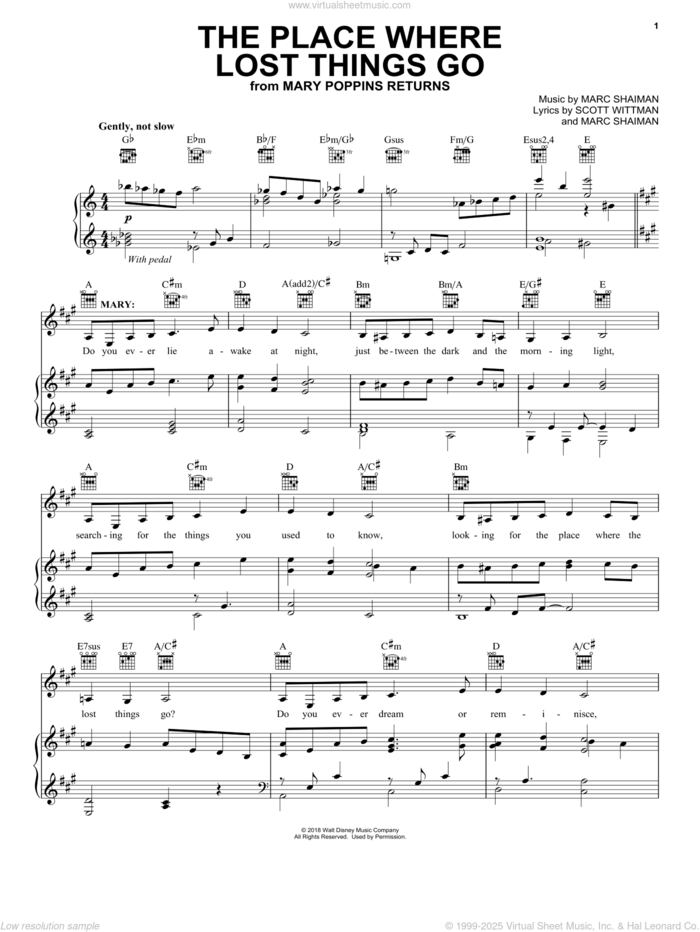 The Place Where Lost Things Go (from Mary Poppins Returns) sheet music for voice, piano or guitar by Emily Blunt, Marc Shaiman and Scott Wittman, intermediate skill level