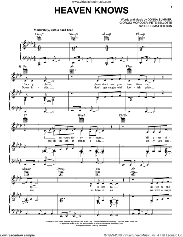 Heaven Knows sheet music for voice, piano or guitar by Donna Summer, Donna Summer w/Brooklyn Dreams, Giorgio Moroder, Greg Mathieson and Pete Bellotte, intermediate skill level
