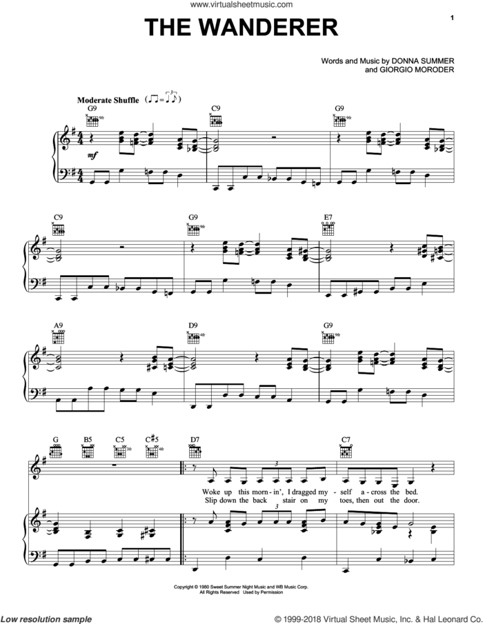 The Wanderer sheet music for voice, piano or guitar by Donna Summer and Giorgio Moroder, intermediate skill level