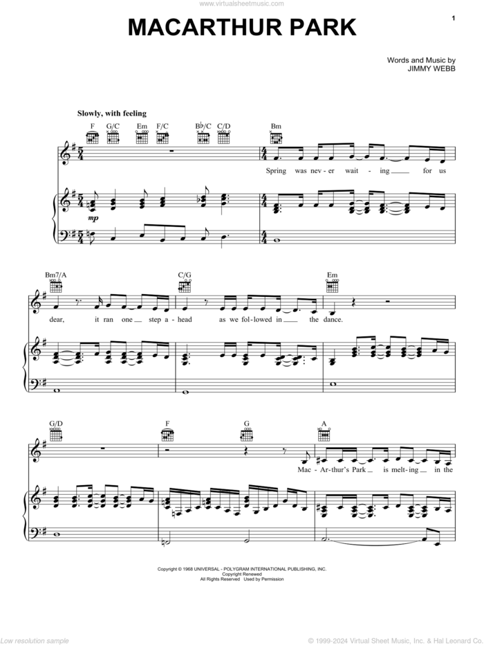 MacArthur Park sheet music for voice, piano or guitar by Donna Summer, Richard Harris and Jimmy Webb, intermediate skill level