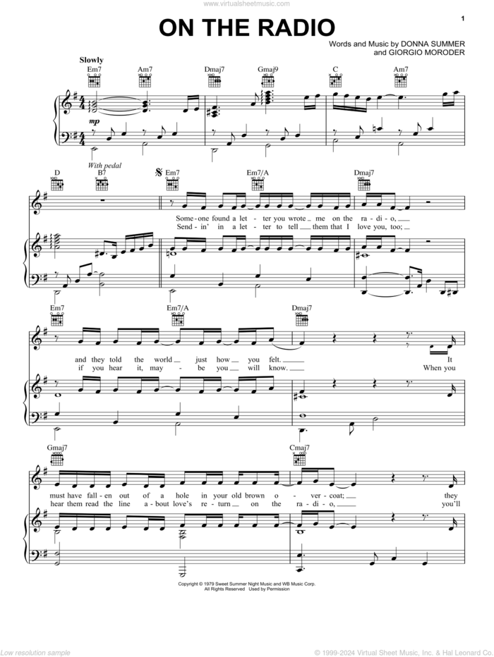 On The Radio sheet music for voice, piano or guitar by Donna Summer and Giorgio Moroder, intermediate skill level