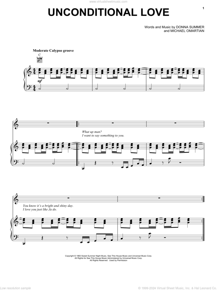 Unconditional Love sheet music for voice, piano or guitar by Donna Summer and Michael Omartian, intermediate skill level