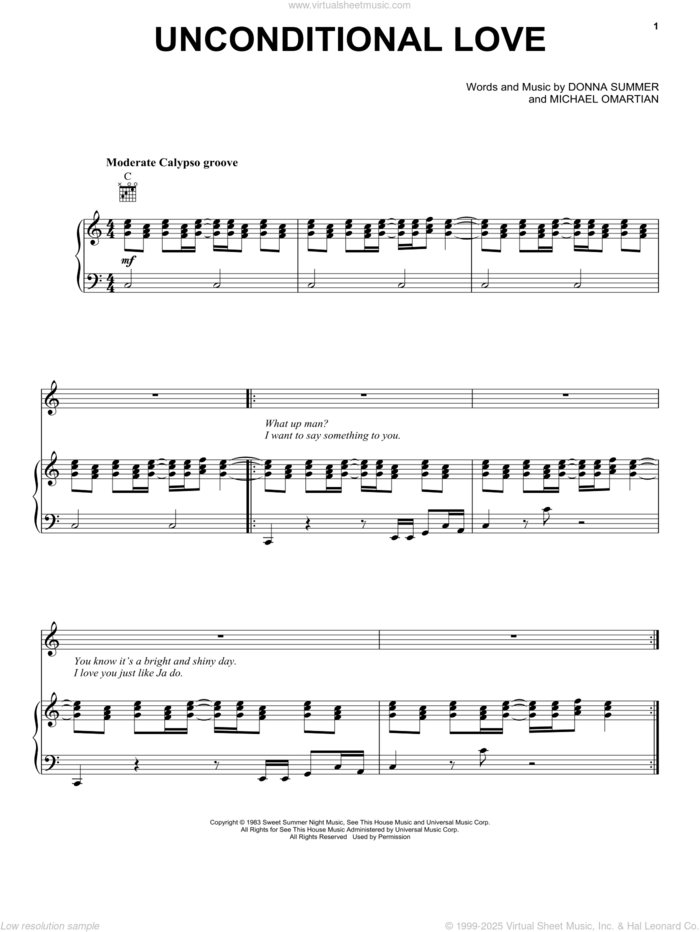 Unconditional Love sheet music for voice, piano or guitar by Donna Summer and Michael Omartian, intermediate skill level