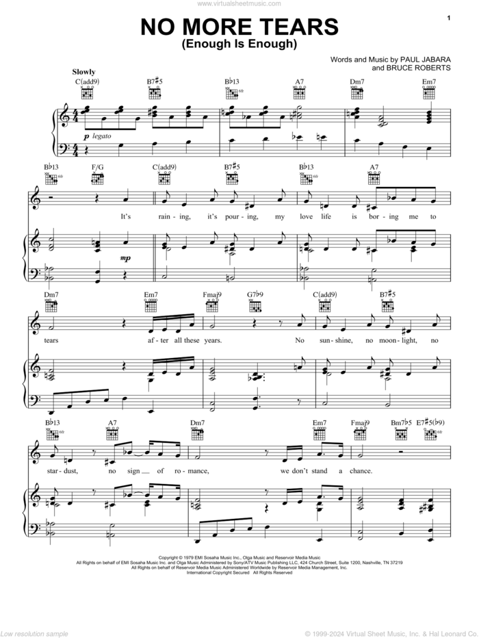 No More Tears (Enough Is Enough) sheet music for voice, piano or guitar by Donna Summer, Barbra Streisand and Donna Summer, Bruce Roberts and Paul Jabara, intermediate skill level
