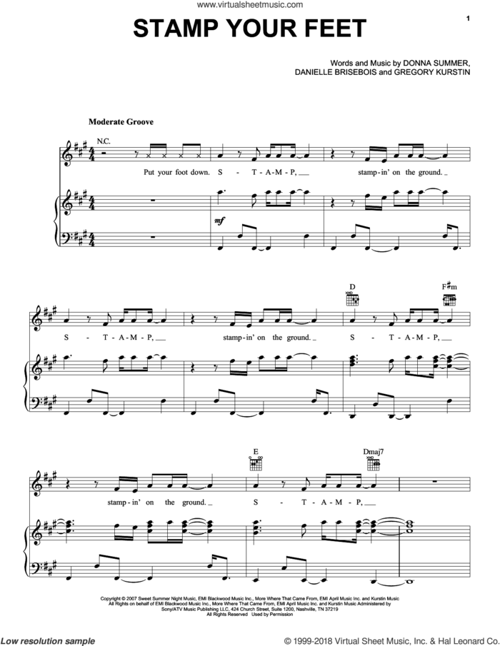 Stamp Your Feet sheet music for voice, piano or guitar by Donna Summer, Danielle Brisebois, Donna A. Summer and Gregory Kurstin, intermediate skill level