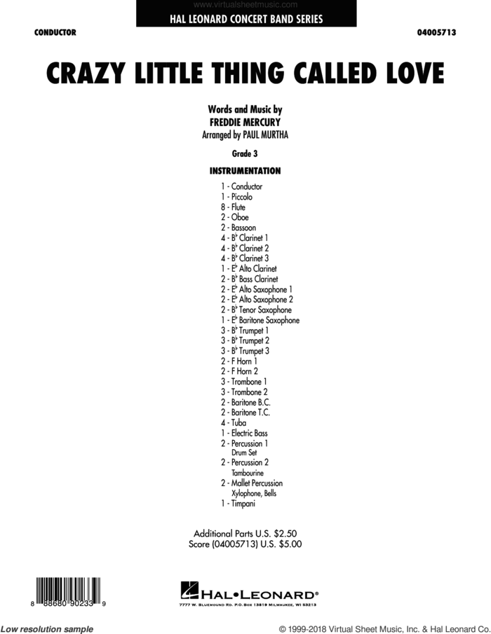 Crazy Little Thing Called Love (arr. Paul Murtha) (COMPLETE) sheet music for concert band by Queen, Paul Murtha and Freddie Mercury, intermediate skill level