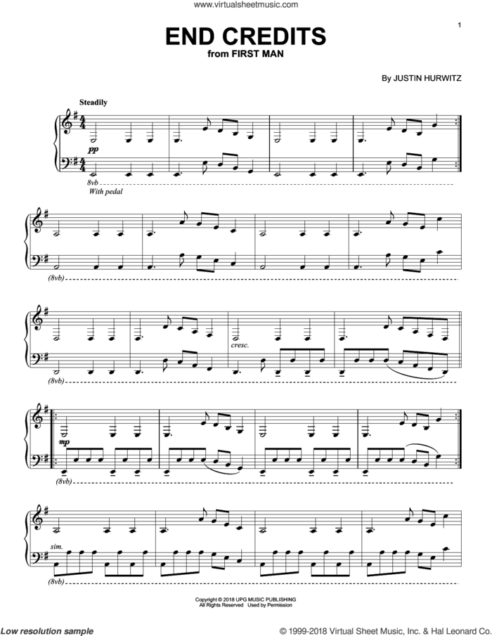 End Credits (from First Man) sheet music for piano solo by Justin Hurwitz, intermediate skill level