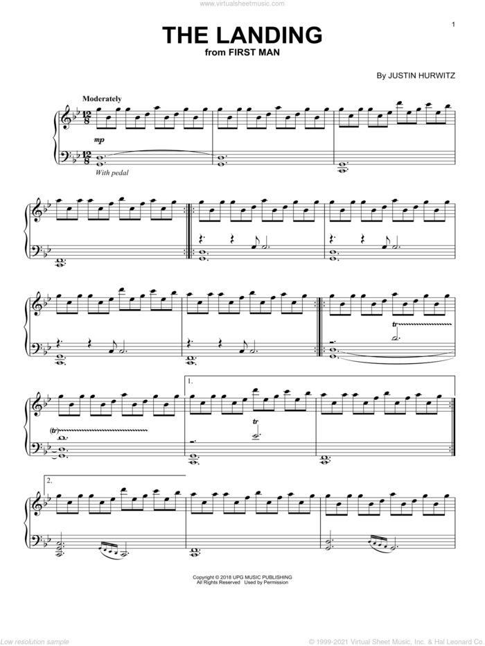 The Landing (from First Man) sheet music for piano solo by Justin Hurwitz, intermediate skill level