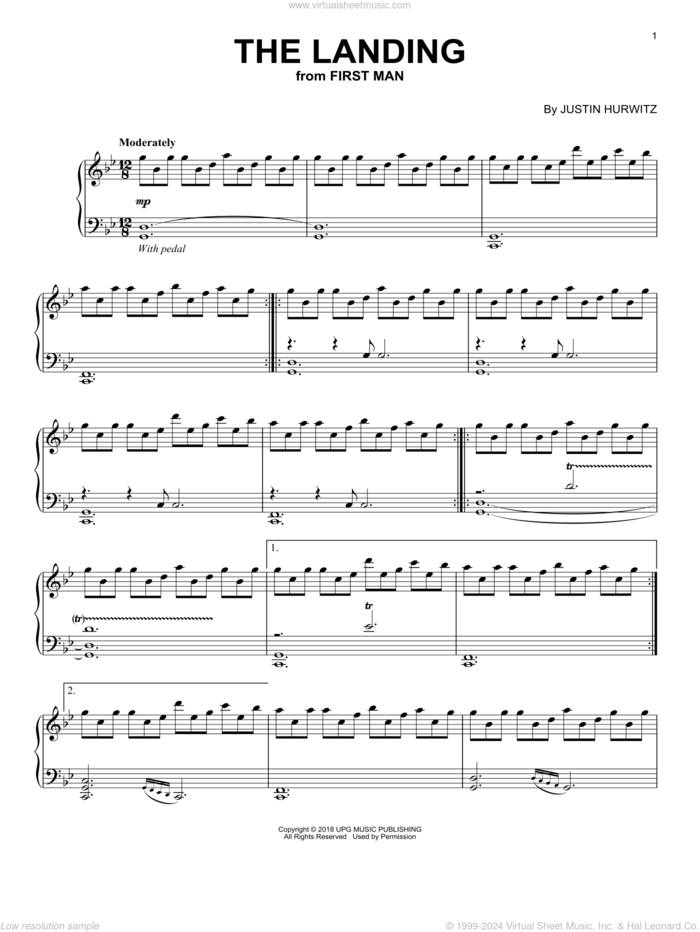 The Landing (from First Man) sheet music for piano solo by Justin Hurwitz, intermediate skill level