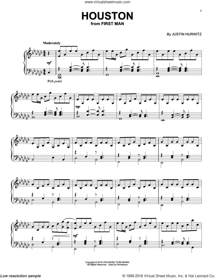 Houston (from First Man) sheet music for piano solo by Justin Hurwitz, intermediate skill level