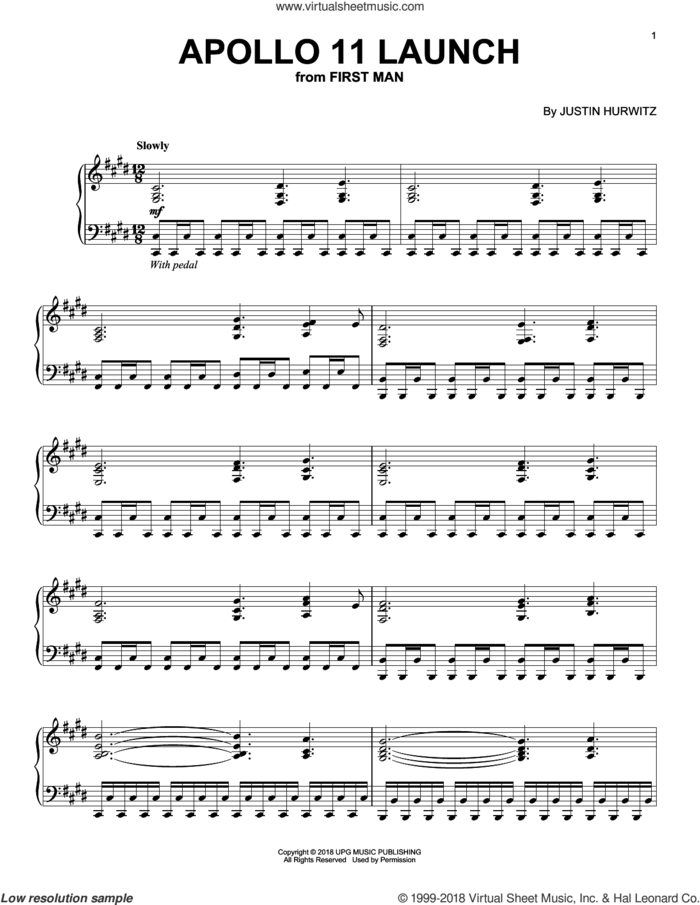 Apollo 11 Launch (from First Man) sheet music for piano solo by Justin Hurwitz, intermediate skill level