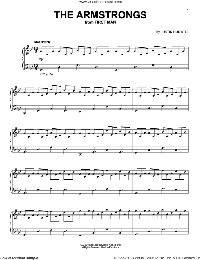 The Armstrongs (from First Man) sheet music for piano solo by Justin Hurwitz, intermediate skill level