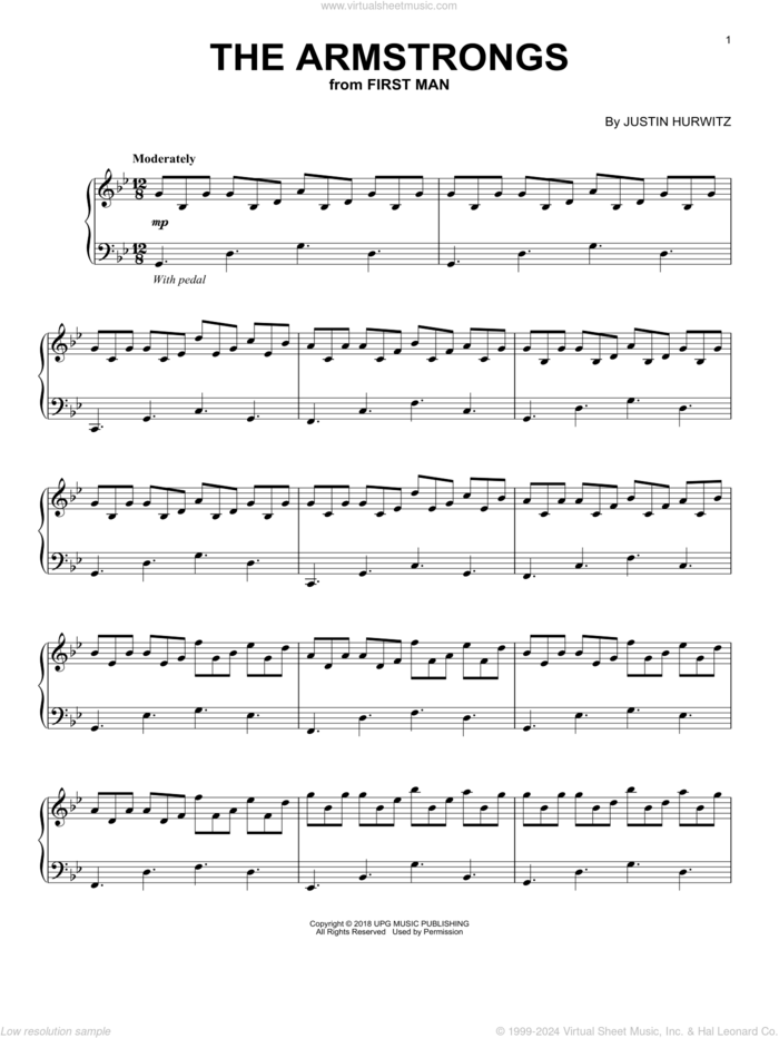 The Armstrongs (from First Man) sheet music for piano solo by Justin Hurwitz, intermediate skill level