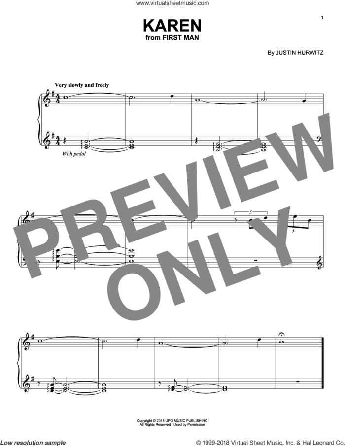 Karen (from First Man) sheet music for piano solo by Justin Hurwitz, intermediate skill level