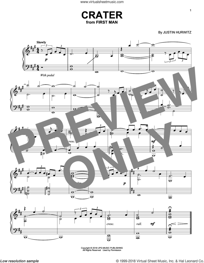 Crater (from First Man) sheet music for piano solo by Justin Hurwitz, intermediate skill level