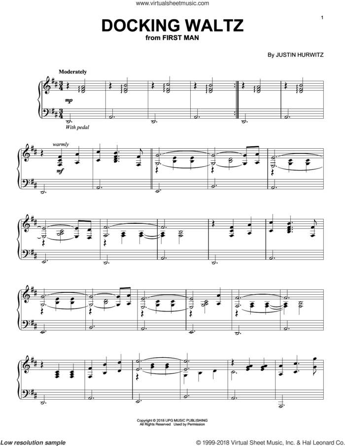 Docking Waltz (from First Man) sheet music for piano solo by Justin Hurwitz, intermediate skill level