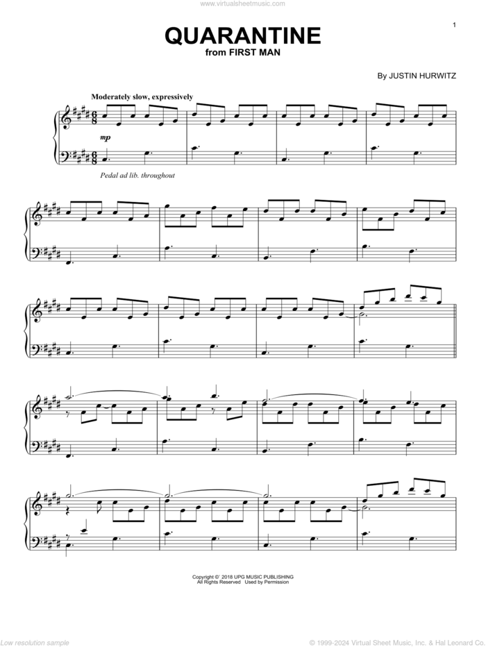 Quarantine (from First Man) sheet music for piano solo by Justin Hurwitz, intermediate skill level