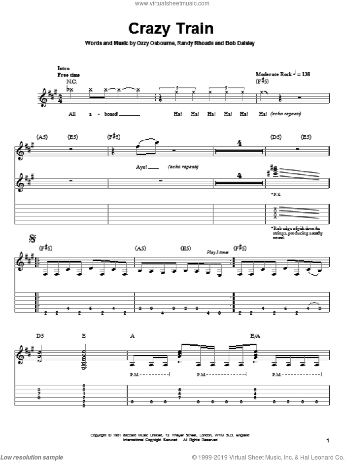 Crazy Train sheet music for guitar (tablature, play-along) by Ozzy Osbourne, Bob Daisley and Randy Rhoads, intermediate skill level
