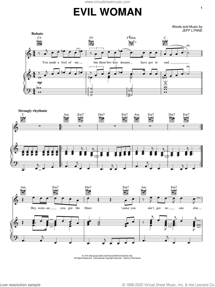 Evil Woman sheet music for voice, piano or guitar by Electric Light Orchestra and Jeff Lynne, intermediate skill level