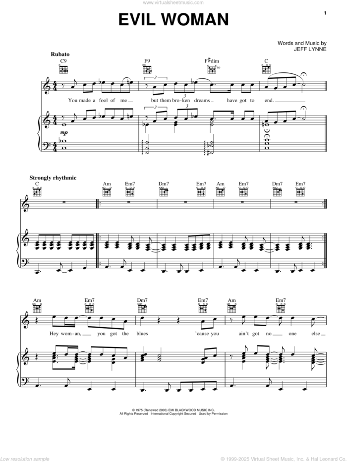 Evil Woman sheet music for voice, piano or guitar by Electric Light Orchestra and Jeff Lynne, intermediate skill level