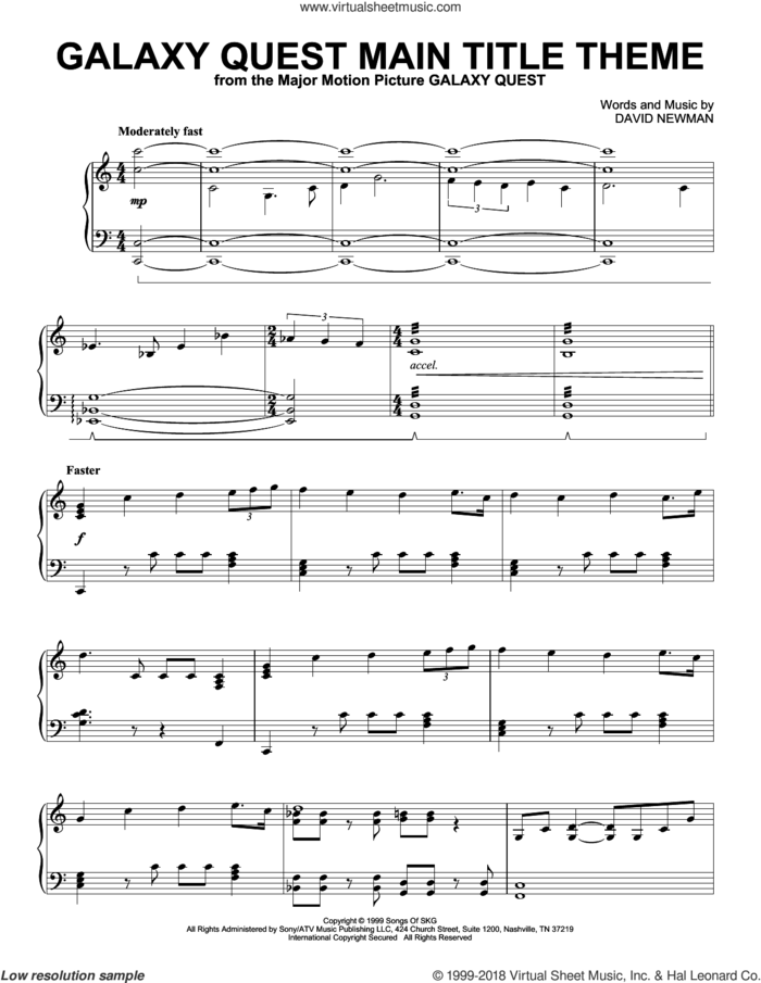 Galaxy Quest Main Title Theme sheet music for piano solo by David Newman, classical score, intermediate skill level