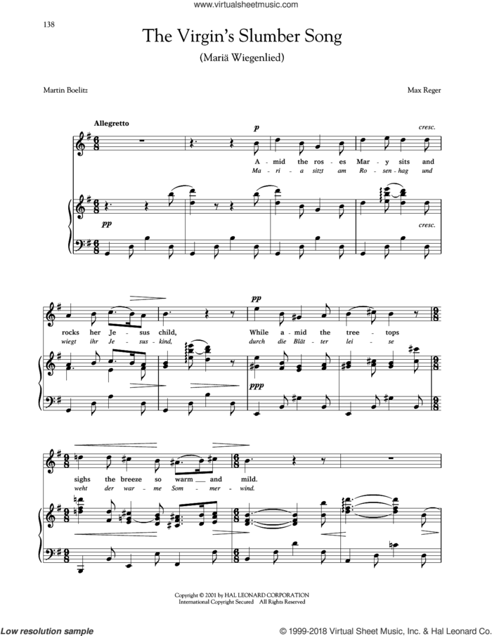 Maria Wiegenlied (The Virgin's Slumber Song) (Reger) sheet music for voice and piano (High Voice) by Max Reger and Joan Frey Boytim, intermediate skill level