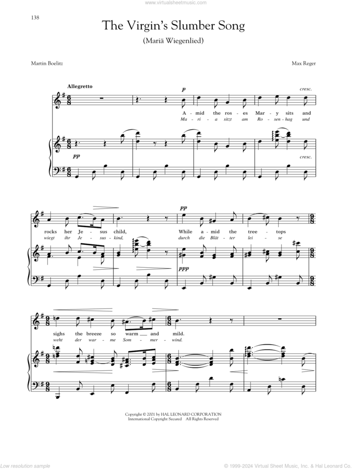 Maria Wiegenlied (The Virgin's Slumber Song) (Reger) sheet music for voice and piano (High Voice) by Max Reger and Joan Frey Boytim, intermediate skill level