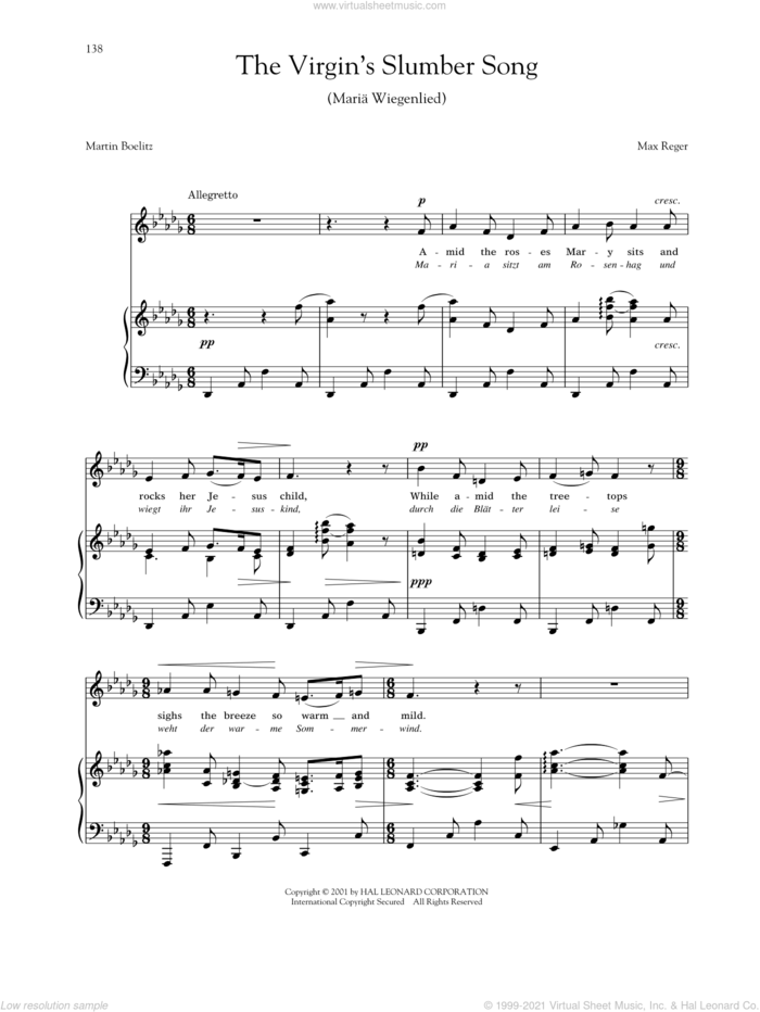 Maria Wiegenlied (The Virgin's Slumber Song) (Reger) sheet music for voice and piano (Low Voice) by Max Reger and Joan Frey Boytim, intermediate skill level