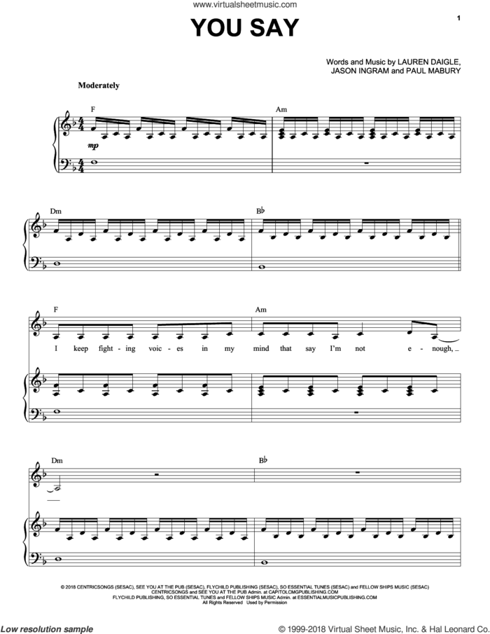 You Say sheet music for voice and piano by Lauren Daigle, Jason Ingram and Paul Mabury, intermediate skill level