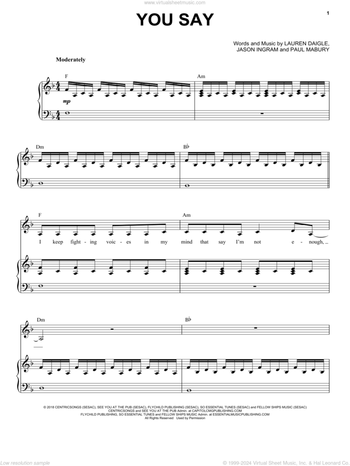 You Say sheet music for voice and piano by Lauren Daigle, Jason Ingram and Paul Mabury, intermediate skill level