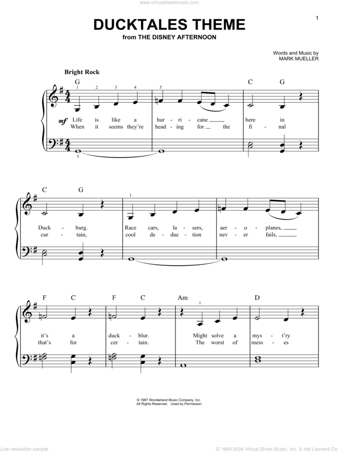 DuckTales Theme sheet music for piano solo by Mark Mueller, easy skill level