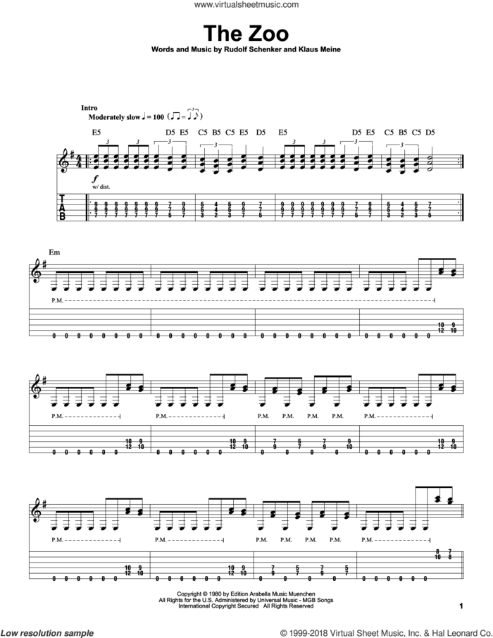 The Zoo sheet music for guitar (tablature, play-along) by Scorpions, Klaus Meine and Rudolf Schenker, intermediate skill level