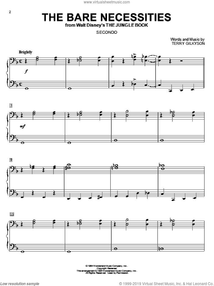 The Bare Necessities sheet music for piano four hands by Terry Gilkyson, intermediate skill level
