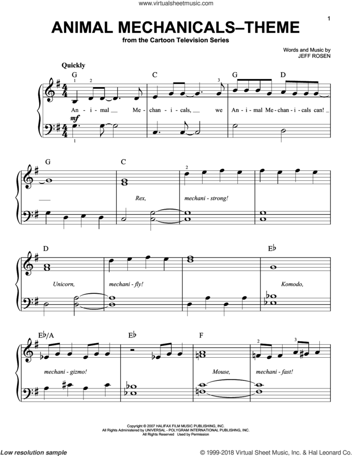 Animal Mechanicals - Theme sheet music for piano solo by Jeff Rosen, easy skill level
