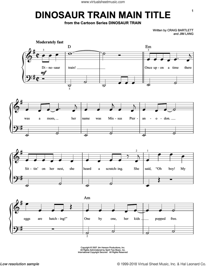 Dinosaur Train Main Title sheet music for piano solo by Craig Bartlett and Jim Lang, easy skill level