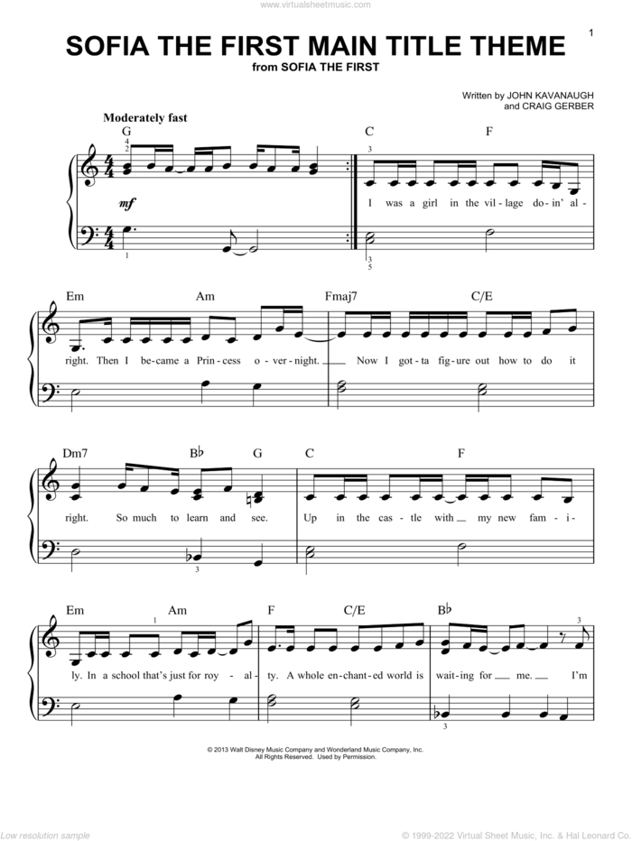 Sofia The First Main Title Theme sheet music for piano solo , Craig Gerber and John Kavanaugh, easy skill level