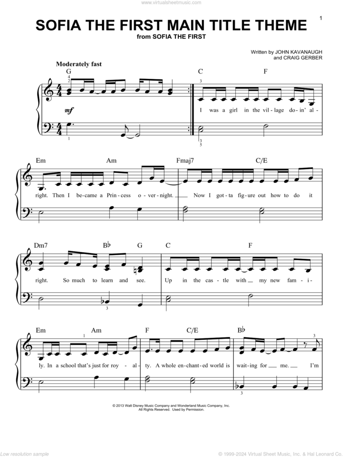 Sofia The First Main Title Theme sheet music for piano solo by Ariel Winter, Miscellaneous, Craig Gerber and John Kavanaugh, easy skill level