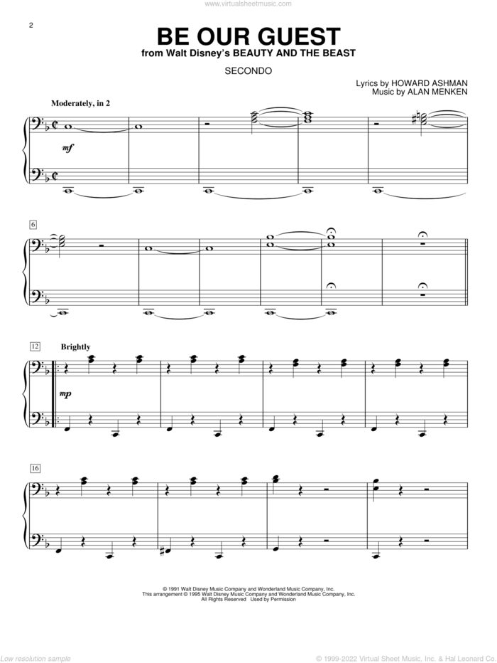 Be Our Guest (from Beauty And The Beast) sheet music for piano four hands by Alan Menken, Beauty And The Beast, Alan Menken & Howard Ashman and Howard Ashman, intermediate skill level