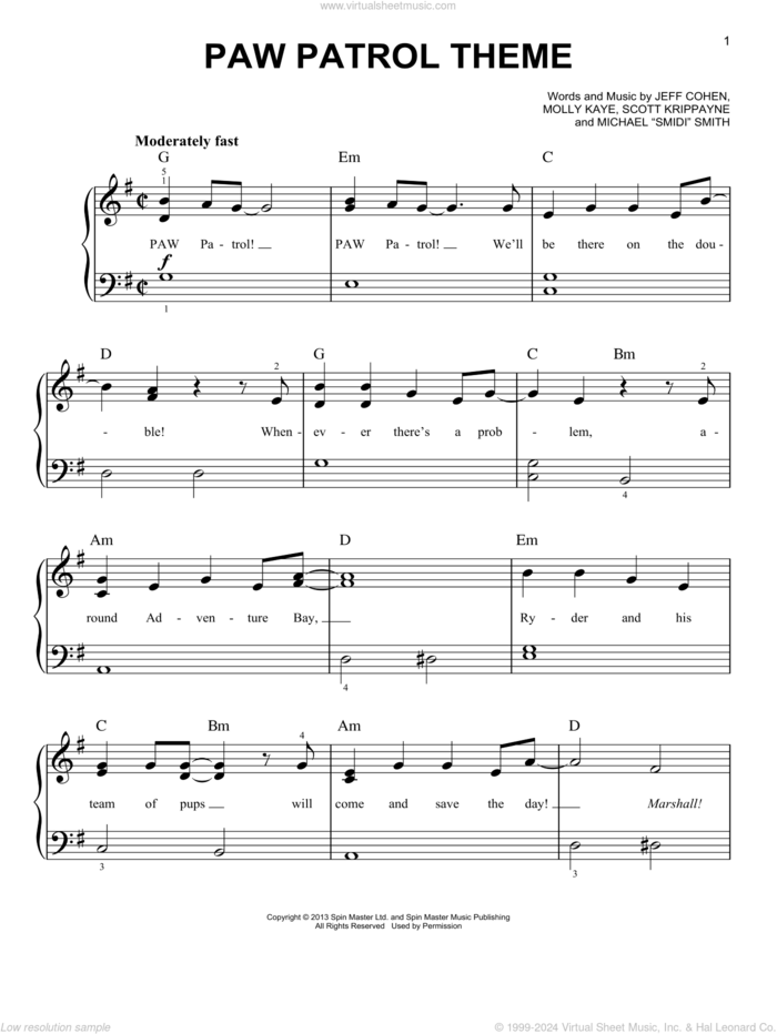 PAW Patrol Theme sheet music for piano solo , Jeff Cohen, Michael 'Smidi' Smith, Molly Kaye and Scott Krippayne, easy skill level