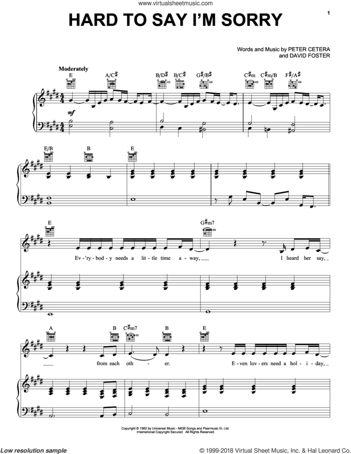 Hard To Say I'm Sorry sheet music for voice, piano or guitar by Chicago, David Foster and Peter Cetera, intermediate skill level