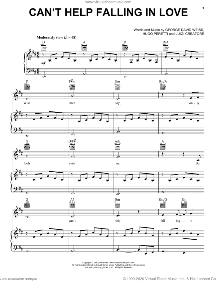 Can't Help Falling In Love sheet music for voice, piano or guitar by Elvis Presley, George David Weiss, Hugo Peretti and Luigi Creatore, wedding score, intermediate skill level