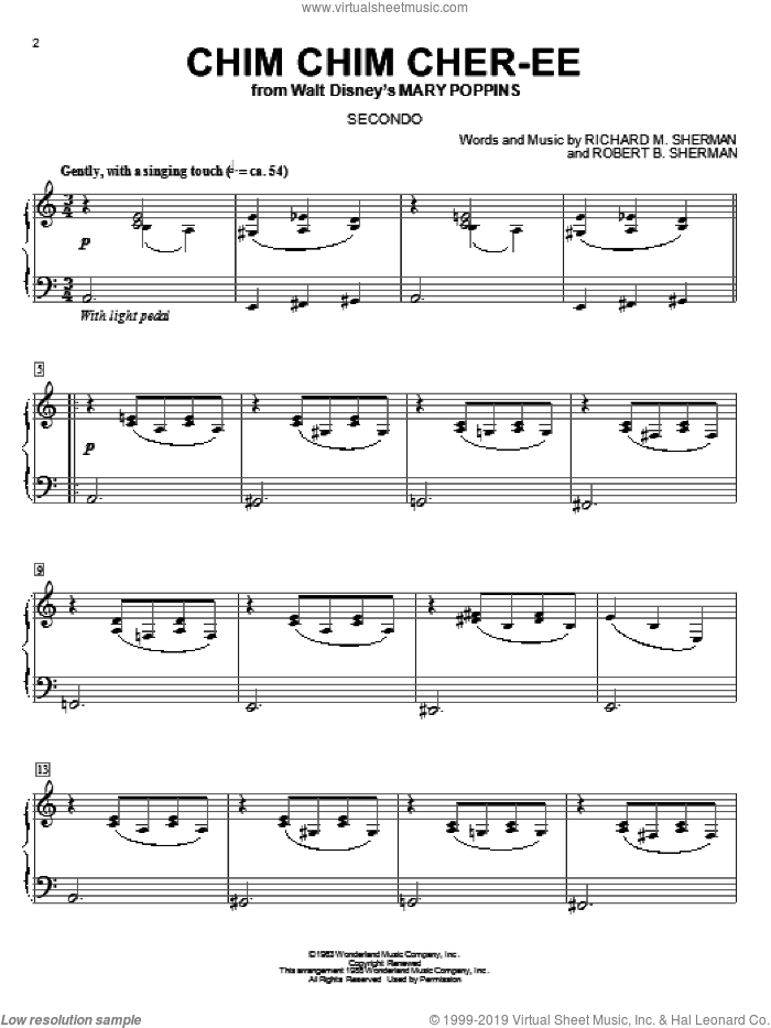 Chim Chim Cher-ee (from Mary Poppins) sheet music for piano four hands by Dick Van Dyke, Mary Poppins (Movie), Sherman Brothers, Richard M. Sherman and Robert B. Sherman, intermediate skill level