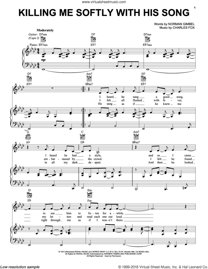 Killing Me Softly With His Song sheet music for voice, piano or guitar by Roberta Flack, The Fugees, Charles Fox and Norman Gimbel, intermediate skill level