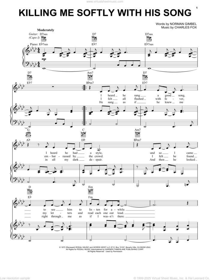 Killing Me Softly With His Song sheet music for voice, piano or guitar by Roberta Flack, The Fugees, Charles Fox and Norman Gimbel, intermediate skill level