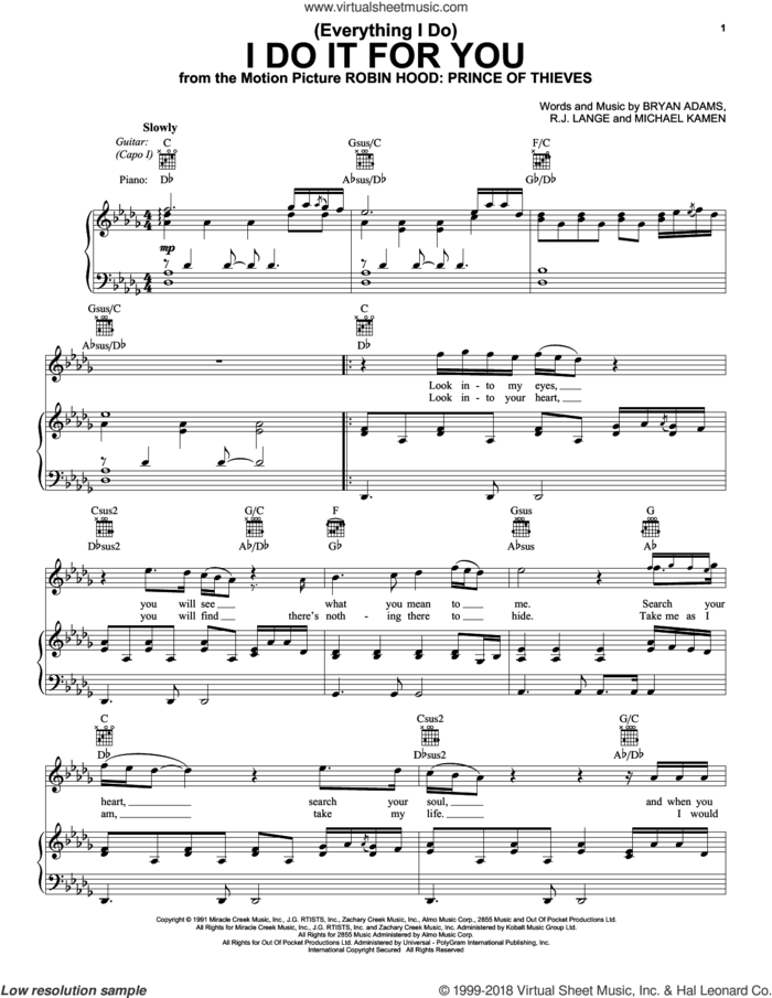(Everything I Do) I Do It For You sheet music for voice, piano or guitar by Bryan Adams, Michael Kamen and Robert John Lange, intermediate skill level